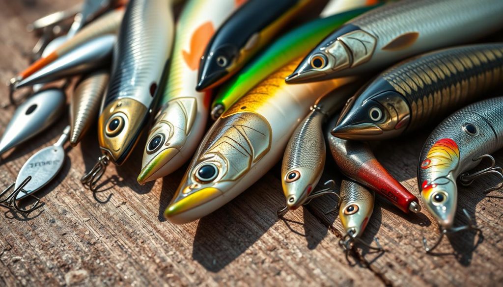 Detailed close-up of various fishing lures for pike and zander, arranged on a wooden surface. The lures feature a range of colors, shapes, and materials, including metallic spoons, soft plastic baits, and lifelike hard bodied plugs. Subtle natural lighting casts gentle shadows, highlighting the textures and details of each lure. The composition is well-balanced, with the lures positioned to create visual interest. A subtle branding element "7fishing.com.ua" is tastefully incorporated. The overall mood is one of high-quality angling equipment, ready to entice trophy freshwater predators.