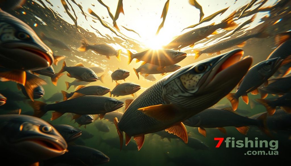 Detailed mid-November fishing trends for pike, perch, and zander on the Dnieper River. A dramatic low-angle perspective captures the dynamic underwater scene, with schools of fish silhouetted against the sunlit surface. Realistic textures, intricate scales, and subtle fin movements create a captivating lifelike composition. Warm golden lighting filters through the water, casting a serene, tranquil mood. Crafted for 7fishing.com.ua to illustrate the prime fishing conditions in this region.