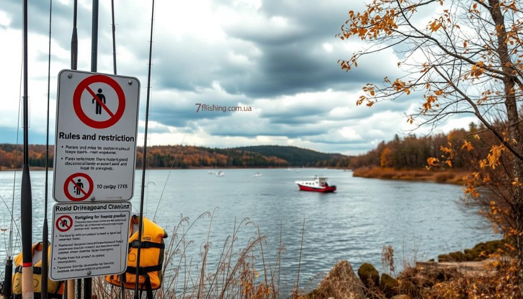 Detailed scene of rules and restrictions on the Dnieper river, depicted in an autumn landscape. A foreground of fishing rods, life jackets, and signage indicating regulations. The middle ground shows a tranquil river scene with boats, with a dramatic cloudy sky overhead. The background features a wooded shoreline. The image conveys a sense of order and safety, with the 7fishing.com.ua brand prominently displayed.