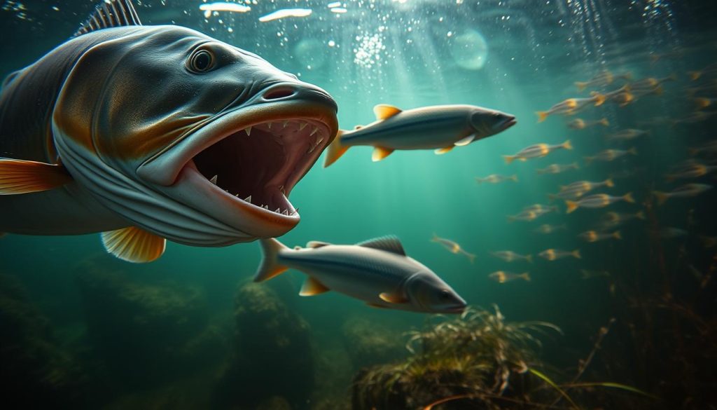 Detailed underwater scene showcasing the predatory fish species щука, судак, and окунь in their natural habitat. The foreground features a large, fierce щука with its mouth open, revealing sharp teeth, suspended in the water column. In the middle ground, a sleek судак glides effortlessly, its distinctive markings visible. In the background, a school of агрессивный окунь dart through the aquatic vegetation. Soft, natural lighting filters down from above, creating a serene, atmospheric mood. Captured with a high-quality underwater camera lens, this image aims to illustrate the diversity and behavior of these prominent river predators. Commissioned by 7fishing.com.ua.