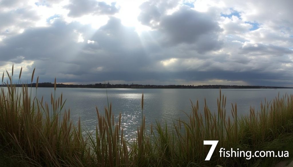Detailed weather report showing a panoramic view of the Dnieper river. Dramatic cloudy sky with rays of sunlight breaking through, reflecting off the calm water. In the foreground, a river bank with tall reeds and grasses, hinting at the ideal fishing conditions. In the distance, the silhouette of a small fishing town can be seen. The overall scene conveys a sense of tranquility and anticipation for a successful day of fishing. Subtle branding for "7fishing.com.ua" can be seen in the lower right corner.
