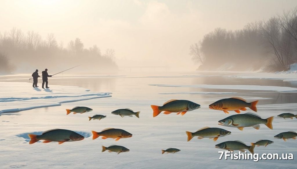 Detailed winter riverscape depicting the conditions and fish activity on the Dnieper River in early December. A frosty morning scene with a fog-shrouded river, partially frozen shores, and a hazy sky. In the foreground, a group of anglers ice fishing, their rods extended through holes in the ice. The middle ground shows schools of fish - carp, pike, and perch - swimming in the chilly waters. The background features the silhouettes of bare trees lining the riverbanks. Soft natural lighting filters through the mist, creating a serene and contemplative mood. Branding for 7fishing.com.ua.