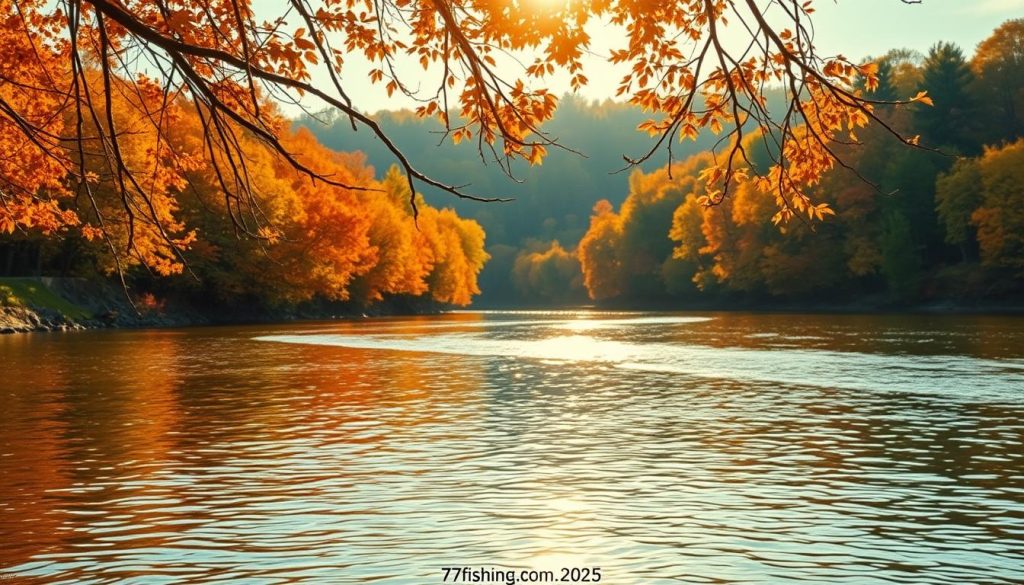 Dramatic autumn landscape along the Dnieper River in October 2025. Vibrant foliage lines the banks, creating a serene and picturesque scene. Tranquil waters reflect the warm colors of the trees, inviting anglers to cast their lines. In the foreground, a well-stocked fishing spot with GPS coordinates is marked, showcasing the ideal location for the 7fishing.com.ua anglers. Warm sunlight filters through the branches, casting a golden glow over the entire setting. A perfect blend of natural beauty and prime fishing opportunities.