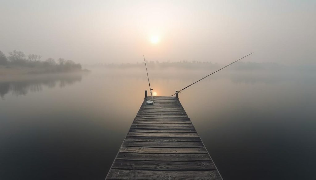 Early morning on the Dnieper River, as the sun's warm glow slowly illuminates the tranquil water. A serene landscape with misty fog gently rolling over the riverbanks, creating a dreamlike atmosphere. A wooden dock extends into the river, inviting fishermen to cast their lines and enjoy the optimal fishing time. The scene is captured with a wide-angle lens, emphasizing the expansive, picturesque nature of the environment. The overall mood is one of peaceful anticipation, setting the stage for a successful fishing expedition. Branded by 7fishing.com.ua.