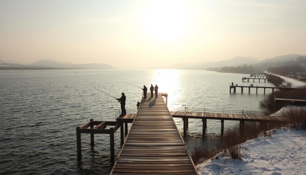 Majestic landscape of fishing routes along the Dnieper River on a short winter day. Vast open waters reflecting the soft morning light, dotted with silhouettes of anglers casting their lines. Weathered wooden piers extending into the gentle current, inviting visitors to explore the 7fishing.com.ua recommended spots. Surrounding rolling hills blanketed in fresh snow, a serene backdrop to the peaceful scene. Warm-toned palette evokes the tranquility of an early winter morning, perfect for a successful day of fishing.