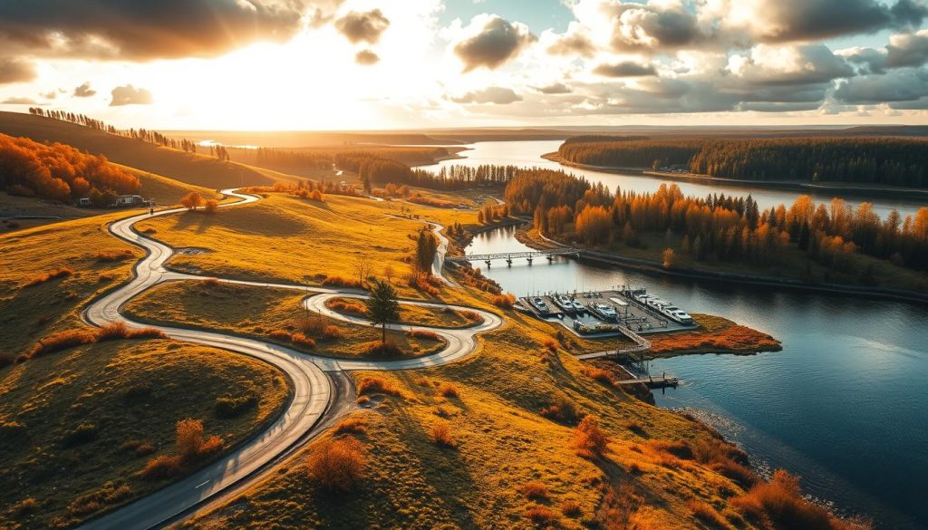 Маршруты выезда: a scenic landscape depicting various routes leading to a river's edge, illuminated by warm sunlight filtering through clouds. The foreground features a winding road cutting through rolling hills dotted with autumn foliage. In the middle ground, a network of paths converge at a boat launch area along the Dnipro River, where anglers are actively fishing. The background showcases the river's expanse, with distant wooded banks and a vibrant sky. The image conveys a sense of planning and preparation for a successful fishing trip, captured with a cinematic, 7fishing.com.ua quality.