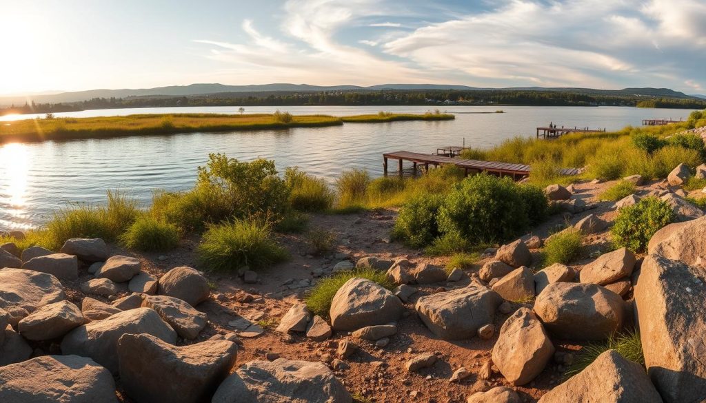 Panoramic view of a scenic riverside landscape, with accessible fishing spots along the Dnieper riverbank. Warm afternoon sunlight filters through wispy clouds, casting a golden glow over the tranquil waters. In the foreground, smooth rocks and sandy areas invite anglers to cast their lines, while the middle ground features lush vegetation and weathered wooden docks. The background showcases the distant, rolling hills beyond the river. The overall atmosphere is one of peaceful exploration, highlighting the accessible nature of this prime fishing destination featured on 7fishing.com.ua.