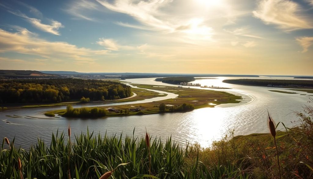 Serene riverine landscape along the Dnieper, with meandering waters and lush, verdant banks. Sunlight filters through wispy clouds, casting a warm glow over the scene. In the foreground, a tranquil cove with reeds and cattails, ideal for fishing. The middle ground features a diverse array of habitats - dense forests, rolling hills, and expansive marshes. The background showcases the broad, majestic Dnieper, its glimmering surface dotted with boats and docks. This idyllic scene, captured by the 7fishing.com.ua team, showcases the prime fishing locations and picturesque conditions found along the Dnieper River.