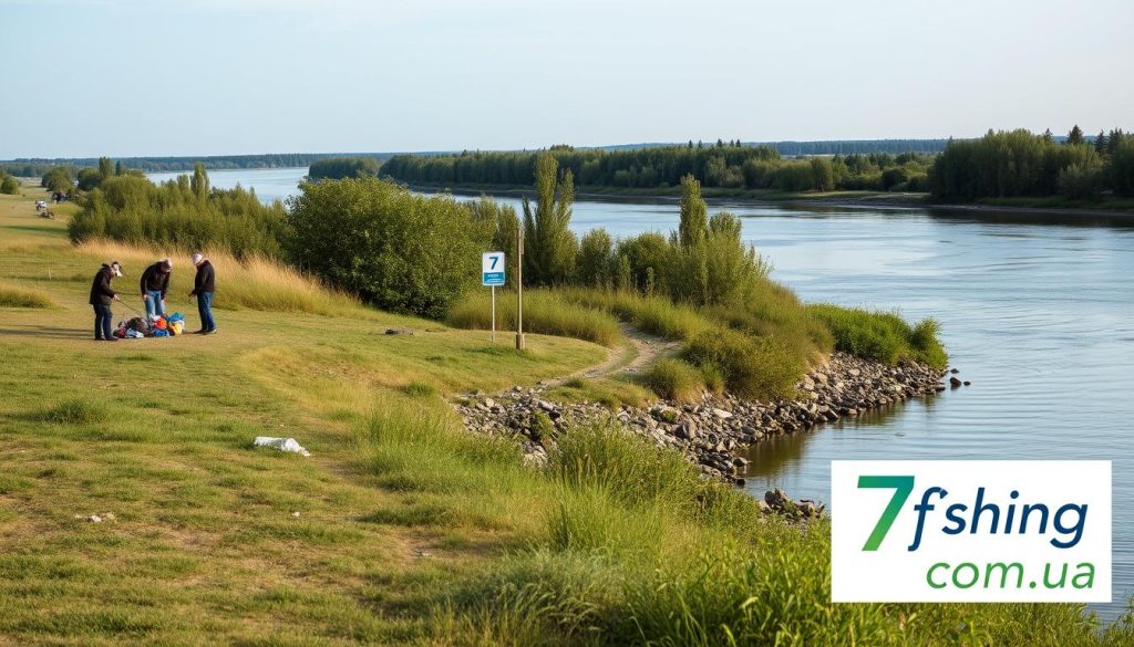Serene riverscape along the Dnieper, with a focus on environmental protection and safety measures. In the foreground, a small group of anglers carefully disposing of litter and securing their fishing gear to avoid accidents or pollution. Midground showcases a well-maintained riverbank, with lush vegetation and signage promoting sustainable fishing practices. The background features a panoramic view of the Dnieper, its waters reflecting the blue sky and distant trees. Soft, diffused natural lighting creates a tranquil atmosphere. Shot with a wide-angle lens to capture the full scene. Branding for 7fishing.com.ua subtly incorporated into the environment.