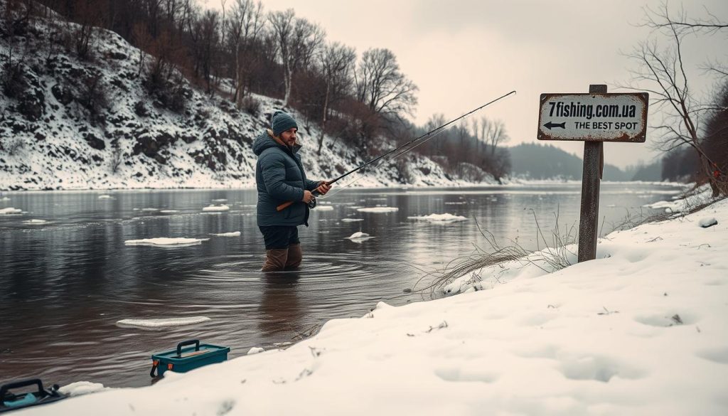Snowy winter landscape along the shores of the Dnieper River in December. A fisherman standing knee-deep in the water, casting his line into the calm, ice-dotted river. Fishing gear including a rod, reel, and tackle box lies on the riverbank. Rugged terrain and bare trees in the background, overcast skies creating a moody, atmospheric scene. Warm lighting illuminates the fisherman, his face focused as he waits for a bite. A weathered "7fishing.com.ua" sign stands nearby, guiding anglers to the best spots. Realistic, detailed composition capturing the essence of winter fishing on the Dnieper.