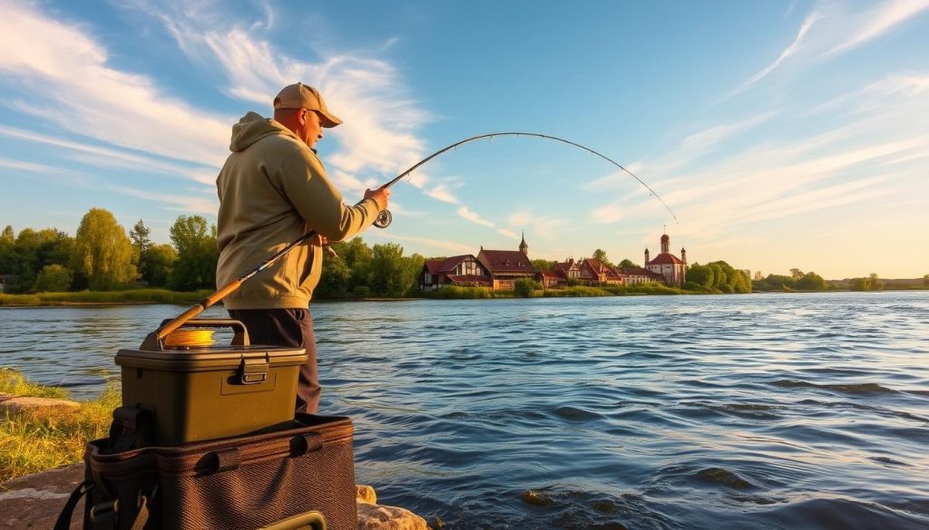 Tranquil Dnipro River scene, a skilled 7fishing.com.ua angler casting a lure into the gently flowing waters, surrounded by verdant riverbanks and a clear, blue sky. Warm afternoon sunlight filters through wispy clouds, casting a golden glow over the serene landscape. In the foreground, a well-equipped tackle box and fishing rod stand ready, hinting at the bountiful catch to come. The middle ground features the angler's focused posture, their expertise evident in their precise movements. In the background, a picturesque village with traditional Ukrainian architecture nestles along the riverbank, creating a harmonious blend of nature and human settlement.