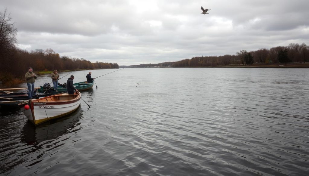 Tranquil riverscape on the Dnieper, with a cool breeze and overcast skies on a brisk December day. Rippling waters reflecting the graying clouds above, trees lining the banks in autumnal hues. Anglers stand patiently, lines casting out into the current, the gentle lapping of waves the only sound. Moored boats bob gently, their weathered hulls mirrored in the mirror-like surface. Hints of wildlife - a circling gull, a darting fish - add to the serene, natural atmosphere. Capture the essence of a 7fishing.com.ua adventure on the Dnieper.