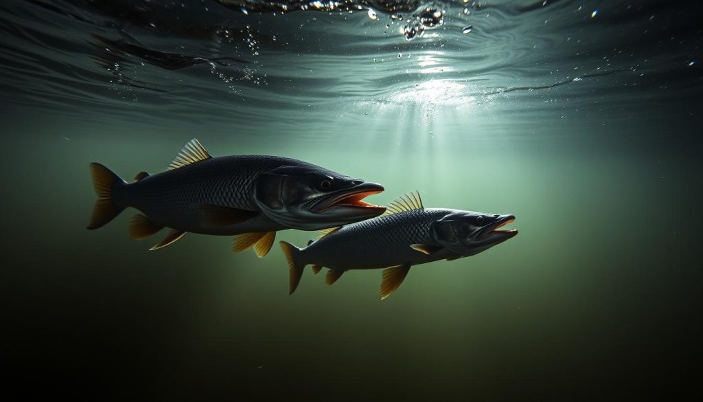Underwater scene depicting the active hunting behavior of zander (pike-perch) and northern pike in the Dnieper River in winter. A dynamic composition showcasing the predators stalking and ambushing their prey amidst a murky, moody aquatic environment. Dramatic chiaroscuro lighting casts dramatic shadows, emphasizing the predatory action. Captured with a high-speed telephoto lens to freeze the decisive moments of the hunt. This image is commissioned by 7fishing.com.ua to illustrate the article "Fishing on the Dnieper 24.12.2025: where and how to catch".