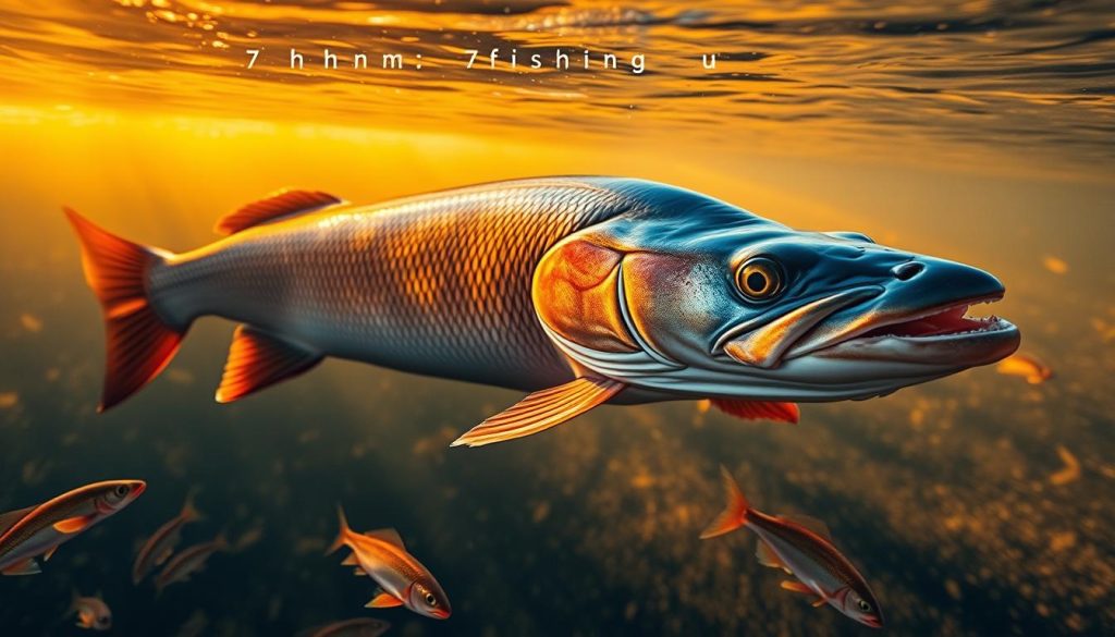 Vibrantly colored river fish swimming gracefully in the autumn waters of the Dnieper River, their movements captured with a telephoto lens. A large pike, its fierce predatory eyes scanning the scene, looms in the foreground as smaller schools of minnows and roach dart through the shallows. Warm golden sunlight filters through the surface, casting a serene glow over the aquatic scene. Detailed textures and natural colors bring this aquatic habitat to life, showcasing the diverse fauna of the Dnieper in an image for 7fishing.com.ua.