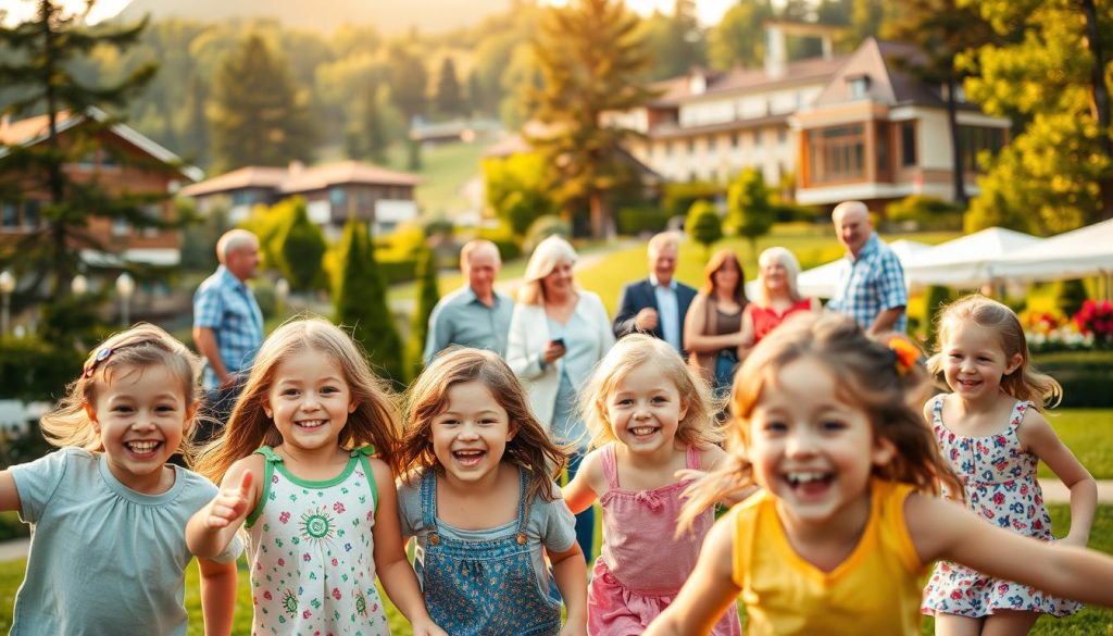 A bright and cheerful scene of a family vacation resort in Truskavets, Ukraine. In the foreground, a group of children play gleefully, their smiling faces and colorful clothing bringing a sense of joy and energy. In the middle ground, parents and grandparents gather, discussing discounts and special offers, their expressions a mix of excitement and relief. The background features the lush, verdant landscapes and elegant architecture that characterize the resort town, bathed in warm, golden light. The overall atmosphere conveys the idea of affordable, family-friendly getaways, where both adults and children can enjoy the benefits of the resort's renowned health and wellness facilities.