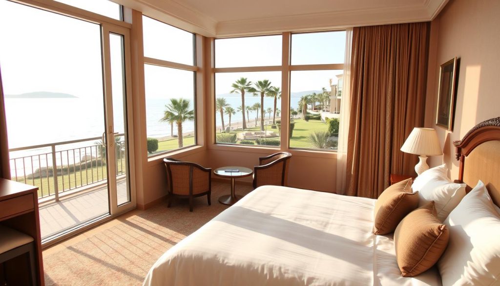 A cozy and well-appointed room at the Zhemchuzhina resort, set against the backdrop of the stunning Zatoka coastline. A spacious and inviting interior, flooded with warm natural light from large windows that offer panoramic views of the Black Sea and the lush Budakska Kosa peninsula. Plush bedding, modern amenities, and tasteful decor create an atmosphere of relaxation and comfort. A private balcony overlooks the resort's beautifully landscaped grounds, with the gentle waves and swaying palm trees in the distance. The room exudes an air of tranquility and elegance, perfectly complementing the serene coastal setting.