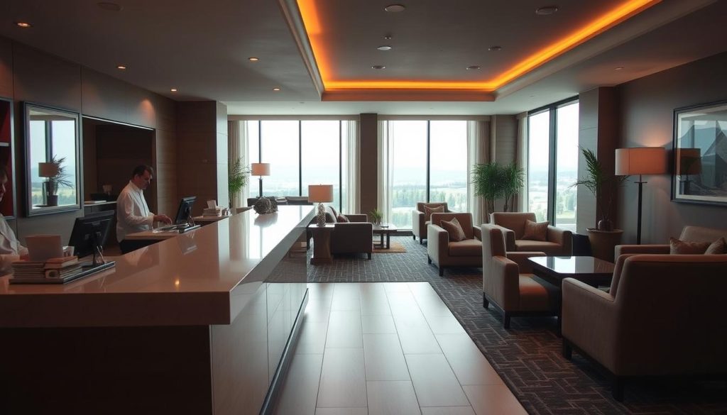 A cozy hotel lobby with a warm, inviting ambiance. In the foreground, a sleek and modern reception desk where guests can inquire about availability and make their bookings. The middle ground features plush seating areas with comfortable armchairs and sofas, creating a welcoming atmosphere for guests to relax and plan their stay. The background showcases large windows that allow natural light to flood the space, offering a glimpse of the scenic landscape outside. The overall mood is one of tranquility and efficiency, reflecting the seamless hotel booking experience.
