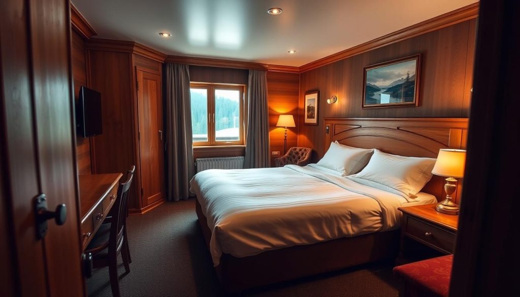 A cozy hotel room with wooden furnishings and warm lighting, showcasing a well-made bed with crisp white linens, a nightstand with a lamp, and a window overlooking a serene, natural landscape. The room exudes a sense of comfort and relaxation, capturing the essence of a high-quality accommodation in a picturesque Ukrainian resort. The framing emphasizes the central bed and its surroundings, with a slight angle to create visual interest. The overall atmosphere evokes a welcoming and inviting ambiance, suitable for a premium lodging experience.
