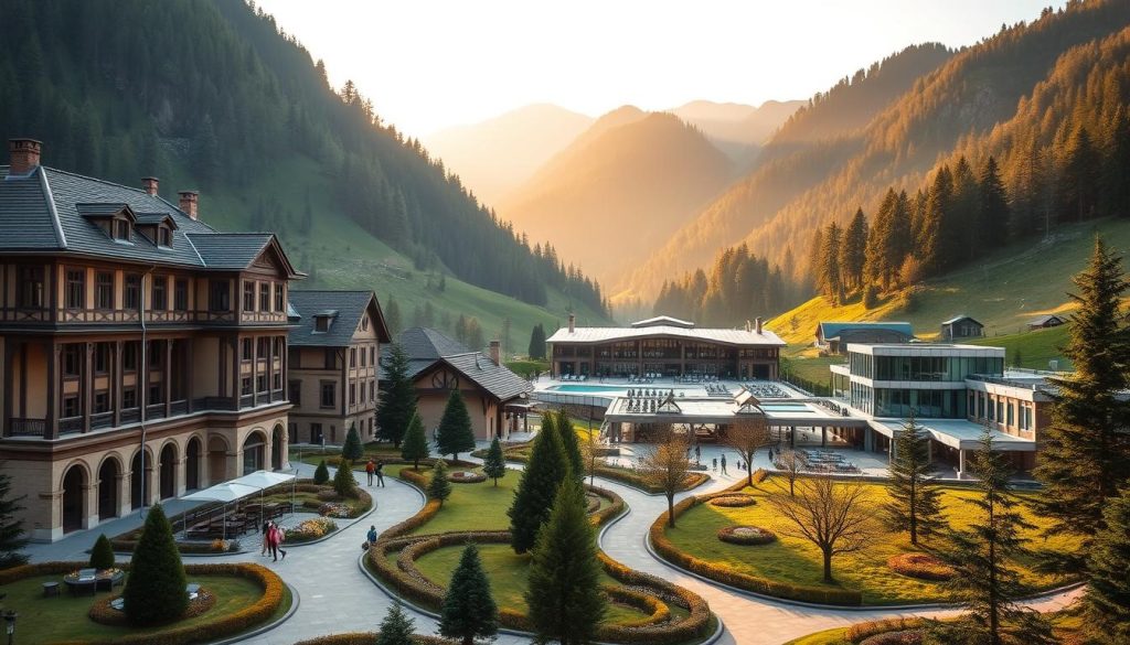 A cozy, inviting resort nestled amidst the lush, rolling hills of the Carpathian Mountains. The grand, historic buildings of a traditional Ukrainian spa hotel stand tall, their facades adorned with intricate architectural details. Guests stroll along the manicured pathways, taking in the tranquil ambiance and the stunning views of the surrounding peaks. In the distance, a modern wellness center blends seamlessly with the natural landscape, offering state-of-the-art facilities for relaxation and rejuvenation. The golden light of the setting sun casts a warm glow over the entire scene, creating a serene and inviting atmosphere perfect for a restorative getaway.