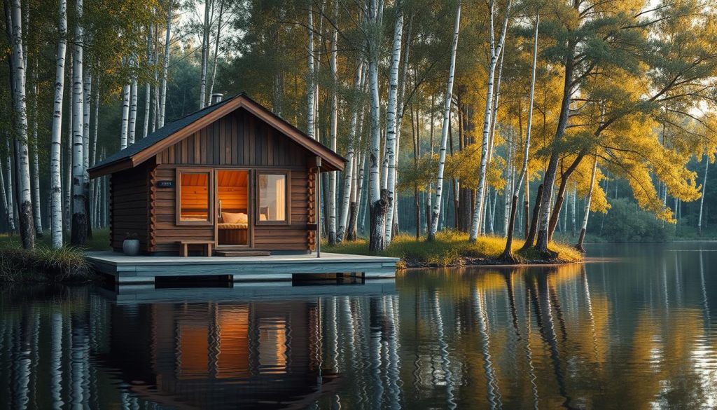 A cozy lakeside sauna nestled in the lush Kyiv region countryside. The wooden structure stands in the foreground, its warm glow reflected in the still waters of Ministerka Lake. Birch trees sway gently in the background, creating a serene, natural ambiance. Soft, diffused sunlight filters through the trees, casting a golden hue over the scene. The sauna's rustic design, with its pitched roof and charming details, invites visitors to indulge in a relaxing escape from the city, just a short drive away. The perfect balance of comfort and tranquility, this lakehouse sauna offers a luxurious yet accessible retreat.