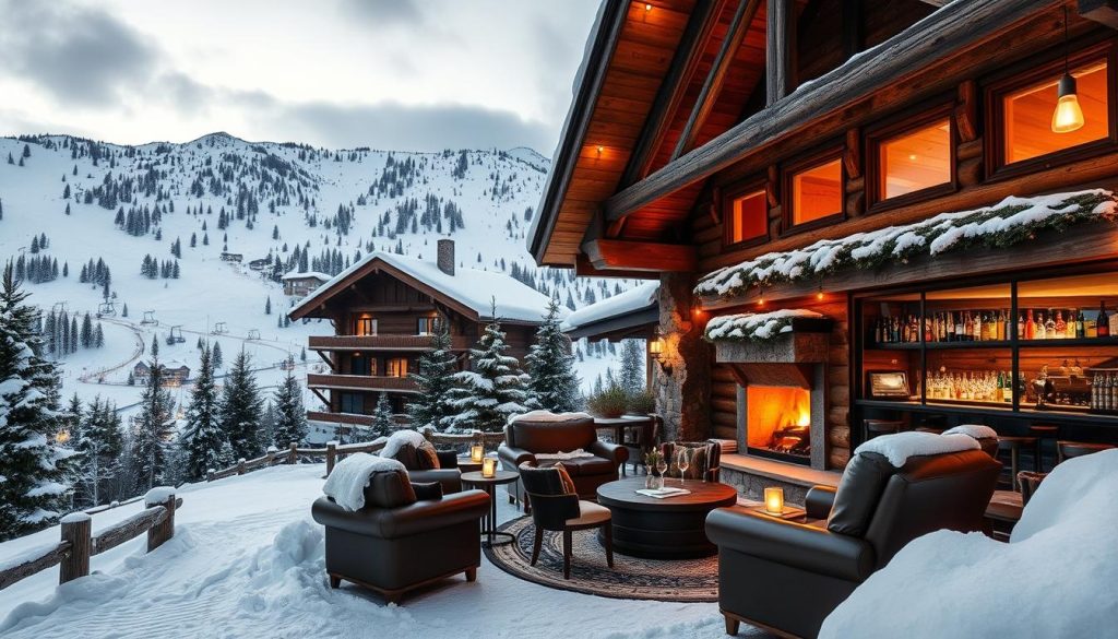 A cozy mountain lodge nestled in the snowy Bukovel landscape, its rustic wooden exterior and warm, inviting lights beckoning weary travelers. Inside, a crackling fireplace casts a soft glow, surrounded by plush leather armchairs and a well-stocked bar. Guests lounge contentedly, sipping local craft cocktails and savoring hearty, traditional Ukrainian cuisine. Outside, the resort's meticulously maintained ski trails wind through the pristine alpine terrain, groomed to perfection and dotted with state-of-the-art lift systems. In the distance, majestic snow-capped peaks rise majestically, creating a breathtaking natural backdrop for this winter wonderland. A sense of tranquility and safety pervades the entire scene, making this the ideal respite for those seeking a luxurious, yet authentic mountain getaway.