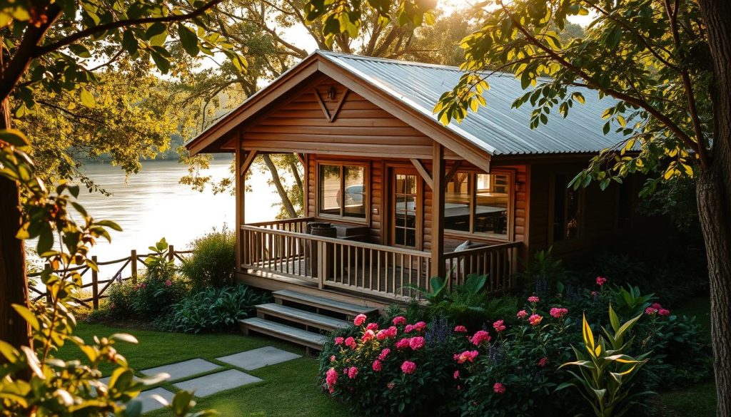A cozy riverside bungalow nestled amid lush foliage, with a welcoming porch overlooking the tranquil waters of the Samara River. The scene is bathed in soft, golden afternoon light, casting a warm and inviting glow. The bungalow's wooden exterior, adorned with delicate trim, blends seamlessly with the natural surroundings. A well-tended garden with vibrant flowers borders the property, creating a picturesque oasis. The interior, visible through large windows, promises comfortable accommodations with modern amenities. This serene and charming retreat offers a peaceful respite from the hustle and bustle, inviting guests to immerse themselves in the beauty of the riverfront setting.