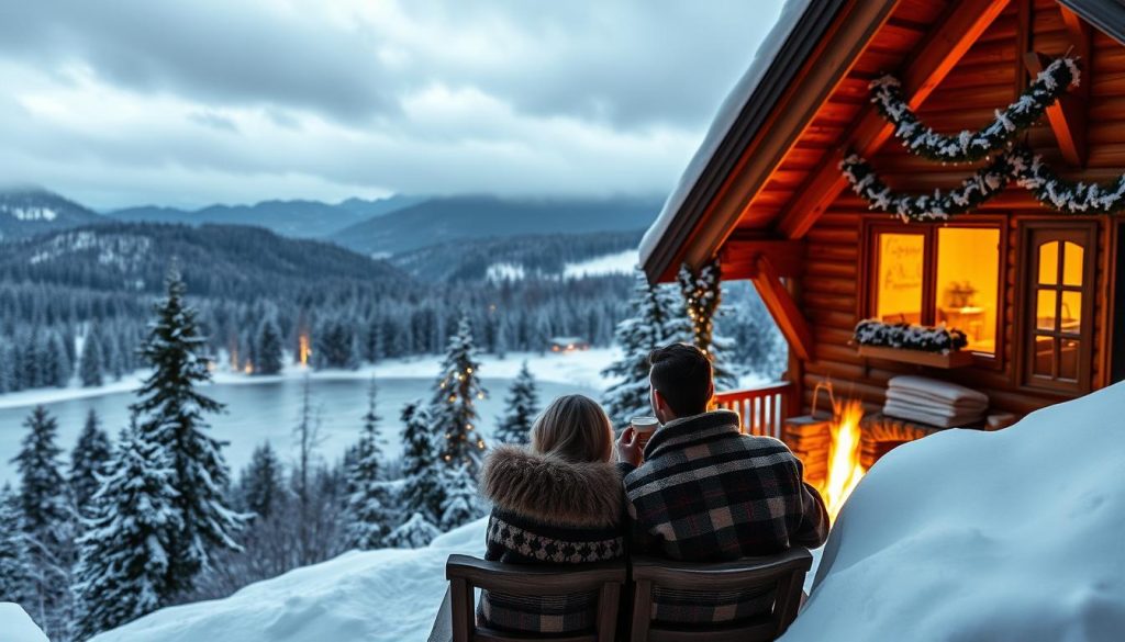 A cozy, romantic getaway in the Carpathian mountains, with a couple enjoying a luxurious all-inclusive package. In the foreground, a charming wooden chalet nestled amidst snow-capped peaks, its warm interior glowing with soft lighting. The middle ground features a tranquil, frozen lake surrounded by a winter wonderland of fir trees and glistening icicles. In the background, a panoramic vista of rolling hills, blanketed in a pristine layer of white. The mood is one of serene relaxation, with the couple snuggled by the fireplace or sipping hot beverages on the chalet's balcony, taking in the breathtaking natural beauty that surrounds them.