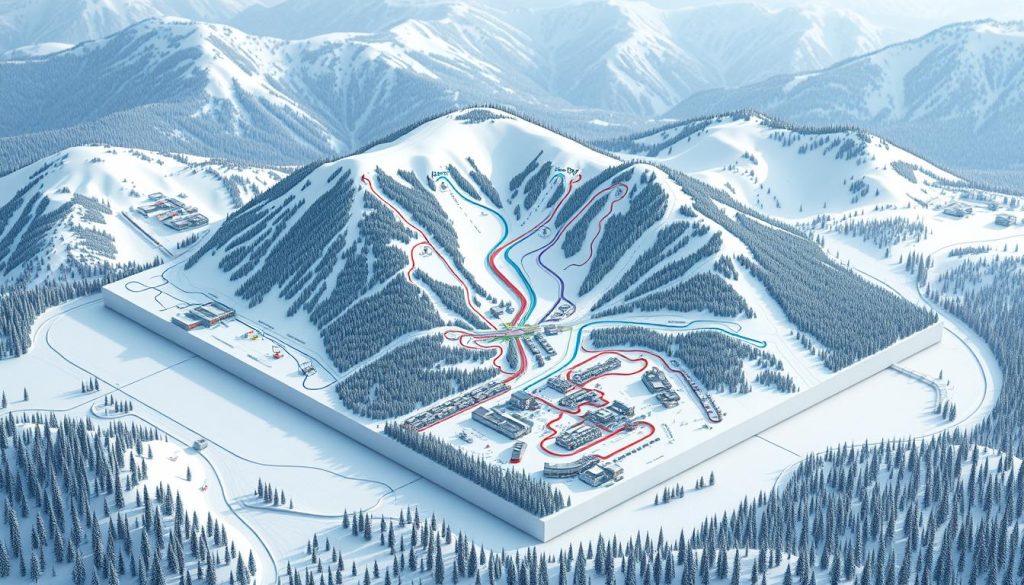 A detailed, high-resolution, 3D map of the Bukovel ski resort, showing the layout of ski slopes, lifts, hotels, and other infrastructure. The map is displayed in an isometric perspective, with a slight aerial view, allowing the viewer to clearly see the overall resort layout and the terrain. The map has a clean, modern design with clear color-coded trails, lift lines, and resort facilities. The background features a snowy, mountainous landscape with pine forests, creating a picturesque and immersive scene. The lighting is soft and natural, highlighting the details of the map and the surrounding environment. The overall mood is one of adventure, exploration, and winter recreation.