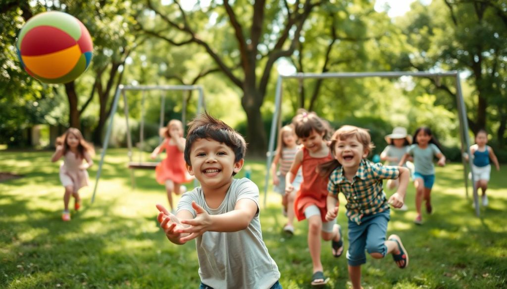 A group of happy, energetic children playing outdoors in a lush, verdant park. In the foreground, two young kids are tossing a colorful ball, their faces alight with joy. Behind them, a diverse group of children of different ages and ethnicities engage in various activities - some swinging on a set of swings, others running and chasing each other, all exuding an infectious sense of carefree fun. Sunlight filters through the canopy of trees, casting a warm, inviting glow over the scene. The overall atmosphere is one of safe, wholesome family entertainment, capturing the essence of a delightful vacation with children.