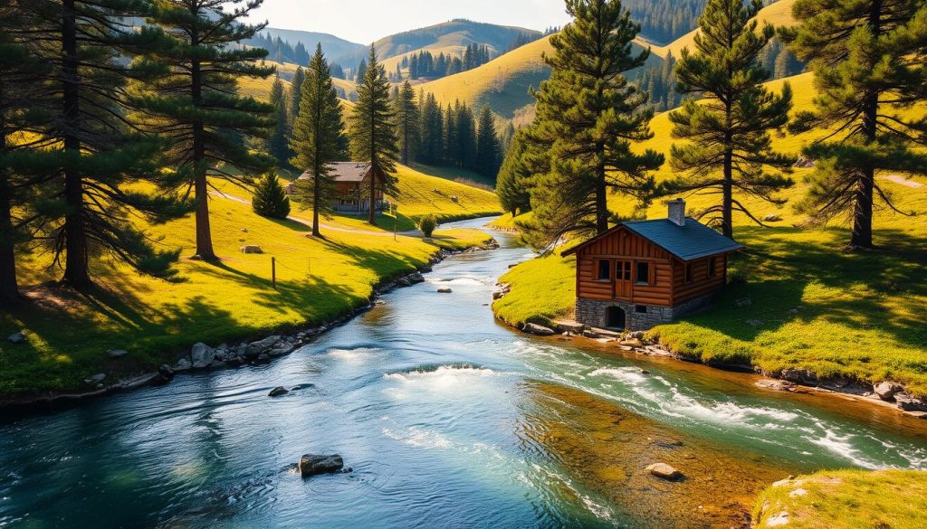 A lush, verdant landscape with rolling hills and a serene, glistening stream flowing through the center. Towering pine trees line the banks, their branches casting gentle shadows across the clear, mineral-rich waters. In the foreground, a quaint wooden bathhouse stands, its rustic charm inviting visitors to experience the therapeutic powers of the natural springs. The scene is bathed in a warm, golden light, creating a sense of tranquility and rejuvenation. The overall atmosphere evokes a timeless, restorative ambiance, perfect for a relaxing getaway in the heart of Zakarpattia.