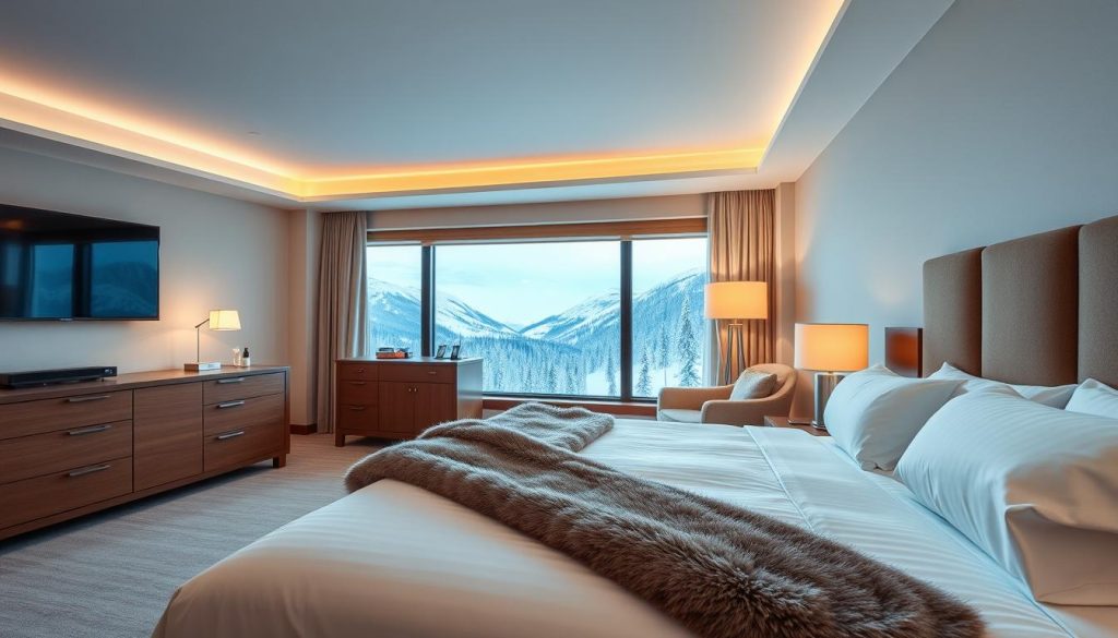 A luxurious hotel room in the Bukovel ski resort, Ukraine. The foreground features a large, plush king-sized bed with crisp white linens and a cozy, fur throw blanket. Sleek wooden furniture, including a dresser and nightstands, are accented with warm lighting from modern table lamps. In the middle ground, a panoramic window offers a breathtaking view of snow-capped mountains and pine forests. The background is illuminated by soft, diffused natural light, creating a calming, serene atmosphere. The overall scene conveys a sense of comfort, relaxation, and the perfect retreat for a family ski vacation.