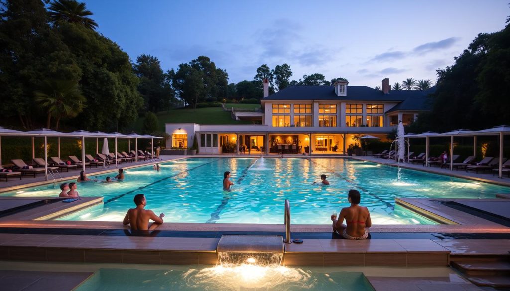 A luxurious outdoor pool surrounded by lush greenery and elegant cabanas. In the foreground, a group of people enjoying the pool's amenities - swimming, relaxing on poolside loungers, and sipping drinks at the poolside bar. The middle ground showcases the pool's infrastructure - sleek tiled edges, a cascading waterfall feature, and poolside showers. In the background, a modern, well-appointed spa building with large windows and a manicured landscape. The lighting is warm and inviting, creating a serene and rejuvenating atmosphere. The image conveys the premium services and high-end facilities of a premier countryside resort's pool and spa complex.