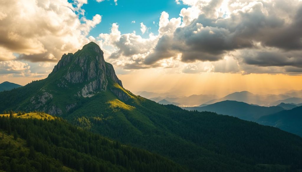 A majestic mountain landscape of Mount Petros in the Ukrainian Carpathians, captured under a dramatic sky. The towering peak rises prominently in the foreground, its rugged slopes covered in lush green foliage. In the middle ground, rolling hills and dense forests create a sense of depth and scale. The background features a distant range of mountains, their silhouettes fading into the hazy horizon. Warm, golden sunlight filters through the clouds, casting a warm, atmospheric glow over the entire scene. The composition is balanced, with the mountain taking center stage, framed by the natural elements surrounding it. The overall mood is one of awe and wonder, conveying the grandeur and beauty of this iconic Ukrainian landmark.
