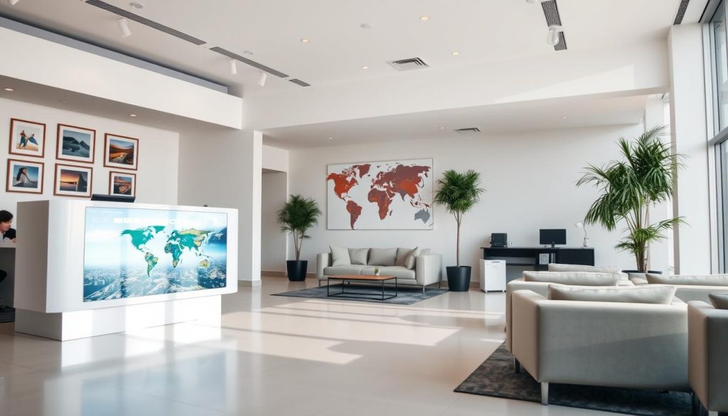 A modern and professional-looking tour operator office interior, captured in a wide-angle view. The room is bright and airy, with large windows allowing natural light to flood the space. In the foreground, a sleek, minimal-style reception desk with a digital display showcasing travel destinations. Behind the desk, the walls are adorned with framed photographs and maps, creating a sense of adventure and global exploration. In the middle ground, comfortable seating areas with plush couches and chairs invite visitors to plan their next holiday. The background features a clean, minimalist design, with a mix of modern and traditional elements that evoke a sense of sophistication and expertise in the travel industry.