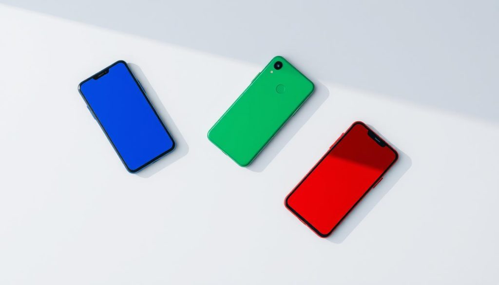 A modern, minimal still life image of several contemporary smartphones in various vibrant colors, such as blue, green, and red, arranged neatly on a plain, light-colored surface. The phones are displayed from various angles, highlighting their sleek designs and high-resolution displays. Soft, directional lighting creates subtle shadows and highlights, adding depth and dimension to the composition. The overall mood is clean, crisp, and professional, reflecting the practical nature of the subject matter.