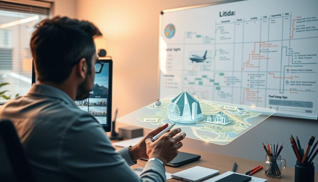 A modern office setting with a computer, desk, and stationery. In the foreground, a person is meticulously planning a trip on a digital calendar, with various hotel and transportation options displayed. The middle ground features a 3D holographic map, showcasing the local area and lodging options. In the background, a large whiteboard displays a detailed logistics plan, complete with color-coded timelines and flow charts. The lighting is warm and inviting, creating a productive and organized atmosphere. The angle is slightly elevated, allowing the viewer to observe the scene as an objective participant.