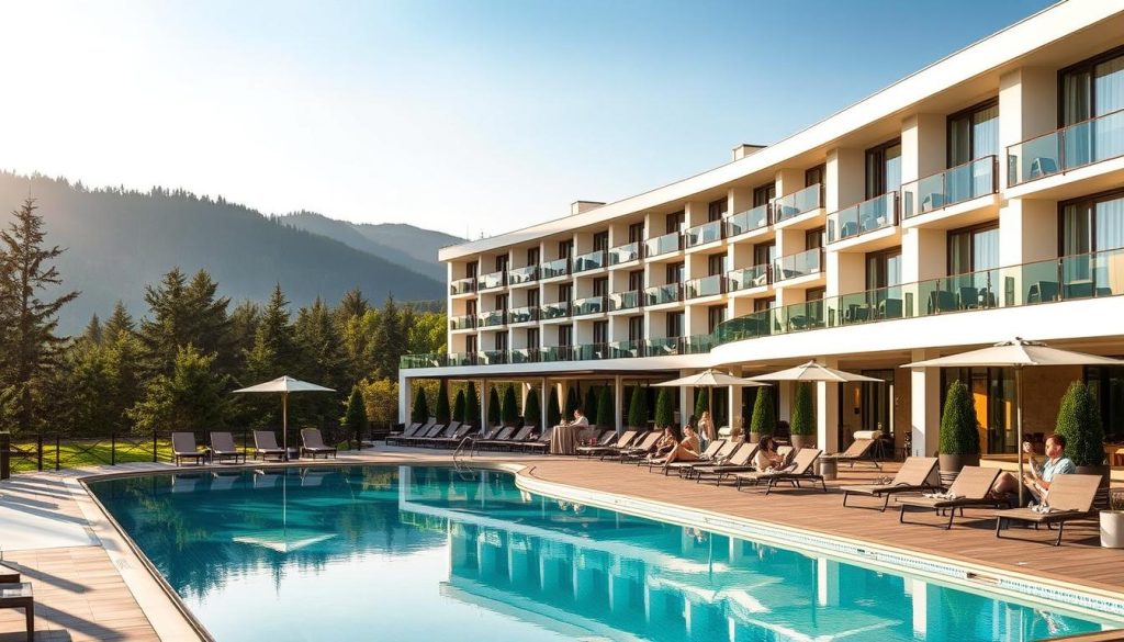 A modern, upscale hotel nestled in the picturesque Carpathian mountains, its pristine exterior framed by lush evergreens. A serene outdoor pool glistens in the warm sunlight, surrounded by chic loungers and umbrellas. Guests lounge poolside, sipping refreshing cocktails as they gaze out at the rolling hills in the distance. The hotel's contemporary architecture seamlessly blends with the natural landscape, creating a harmonious, luxurious retreat perfect for relaxation and rejuvenation. Soft, diffused lighting casts a warm, inviting glow over the scene, setting the mood for a truly memorable Carpathian getaway.