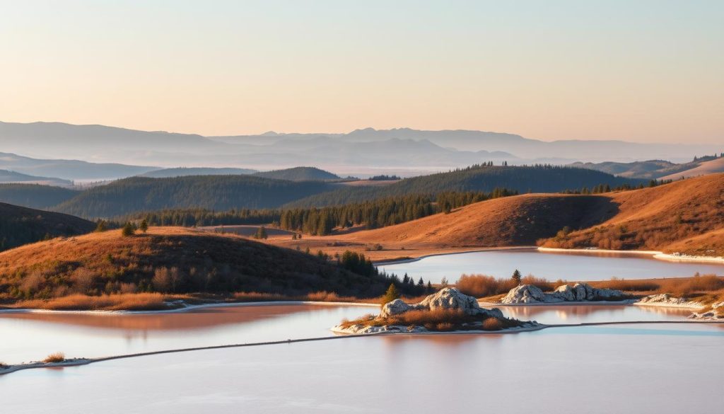 A picturesque landscape of Solotvyno, Ukraine, showcasing the stunning salt lakes nestled among rolling hills. The foreground features the tranquil waters of the lakes, reflecting the warm hues of the sky and surrounding vegetation. In the middle ground, lush forests and gentle slopes provide a serene backdrop, while in the distance, the hazy silhouettes of mountains create a captivating horizon. The scene is bathed in soft, natural lighting, creating a serene and inviting atmosphere. The salt-encrusted shores and the unique geological formations along the banks add visual interest and a sense of the area's distinctive character. This image perfectly captures the essence of Solotvyno's natural beauty and its potential as a destination for relaxation, wellness, and family-friendly activities.