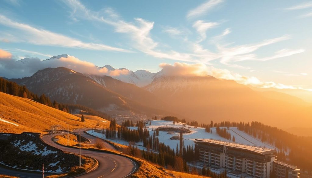 A picturesque mountain landscape with the Bukovel ski resort nestled in the Carpathian foothills. The foreground features a winding road leading up to the resort, with ski lifts and slopes visible in the middle ground. The background showcases the majestic, snow-capped peaks of the surrounding mountains, bathed in warm, golden sunlight filtering through wispy clouds. The scene conveys a sense of tranquility and accessibility, inviting visitors to enjoy the convenience of the resort's prime location amidst the breathtaking natural beauty of the Carpathians.