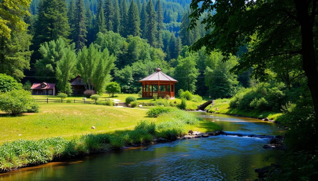 A picturesque riverside retreat amidst lush greenery, Джерельце offers a serene respite from the city. The foreground features a tranquil stream winding through the landscape, its crystal-clear waters reflecting the surrounding foliage. In the middle ground, a charming wooden gazebo stands, inviting visitors to relax and soak in the peaceful ambiance. The background is dominated by a dense forest, its towering trees casting a gentle, dappled light over the scene. The overall atmosphere is one of quiet contemplation and natural harmony, perfectly capturing the essence of this idyllic vacation destination.