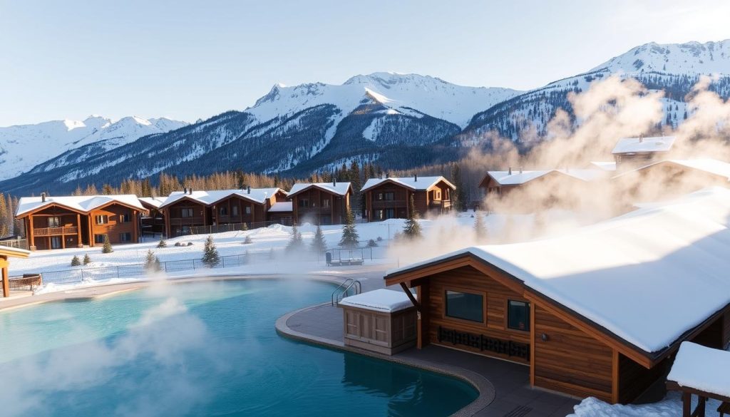 A picturesque winter wonderland, a sprawling Bukovel ski resort nestled amidst the majestic Carpathian mountains. In the foreground, a tranquil outdoor pool with steam rising from the warm waters, inviting visitors to relax and unwind after a day on the slopes. Surrounding the pool, a cluster of cozy, traditional-style wooden buildings, their roofs dusted with a fresh layer of snow. In the background, the towering peaks reach towards the sky, their jagged silhouettes casting long shadows across the scene. The lighting is soft and diffused, creating a warm, serene atmosphere. The composition is balanced, with the pool and buildings anchoring the foreground and the mountains providing a stunning backdrop. This image perfectly captures the essence of winter recreation in the Carpathians, where visitors can enjoy the best of both the great outdoors and luxurious amenities.