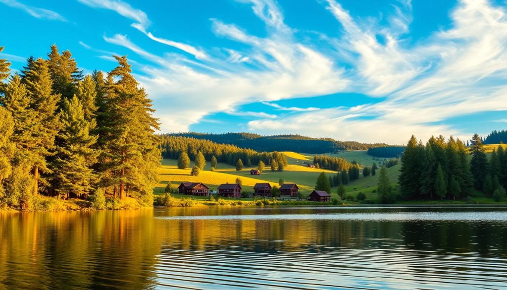 A scenic landscape of a picturesque rural retreat in the Poltava region, Ukraine. In the foreground, a serene lake reflects the surrounding lush green foliage and the warm golden light of the setting sun. Towering pine trees line the shore, casting long shadows across the gently rippling water. In the middle ground, a cluster of cozy wooden cottages nestled among rolling hills, their traditional architecture blending seamlessly with the natural environment. Wispy clouds drift across a vibrant blue sky, adding depth and dimension to the tranquil scene. An atmosphere of peaceful solitude and rejuvenation pervades the location, inviting visitors to indulge in a restorative retreat away from the bustle of everyday life.