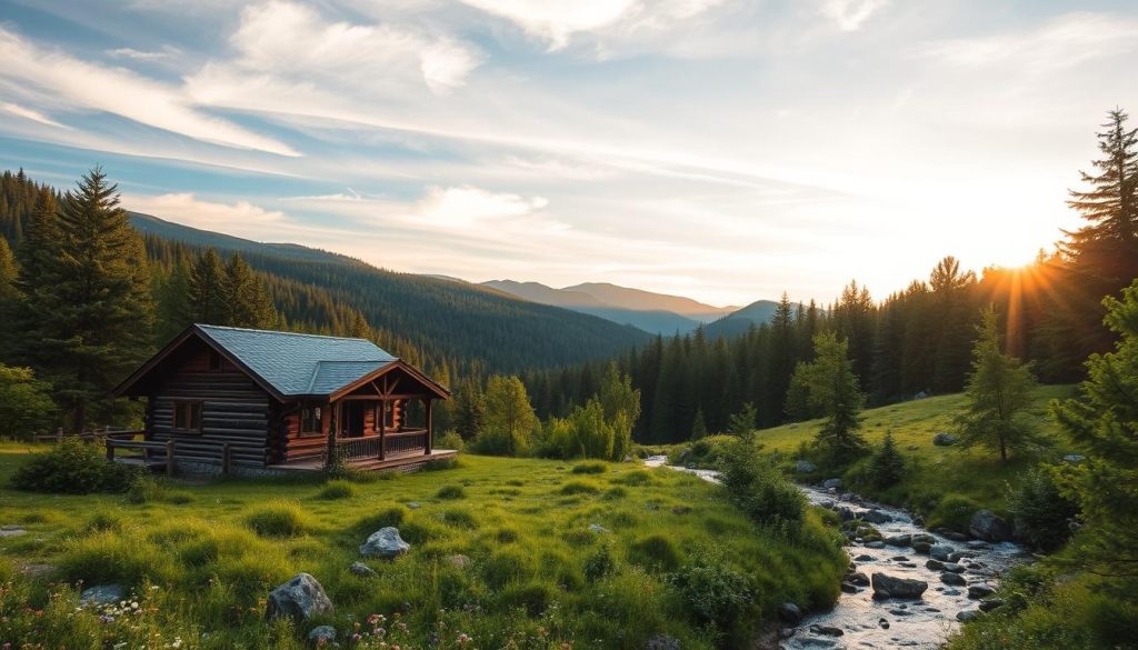 A scenic mountain landscape in the Carpathians, with lush green forests, rolling hills, and a cozy cabin nestled in the midst of it all. The cabin has a rustic, wooden exterior and a welcoming porch, surrounded by wildflowers and a tranquil stream. The sky is a soft blue, with wispy clouds drifting overhead, and the warm, golden sunlight filters through the trees, casting a peaceful glow over the entire scene. The overall atmosphere conveys a sense of relaxation, comfort, and connection with nature, ideal for a affordable vacation with meals included.