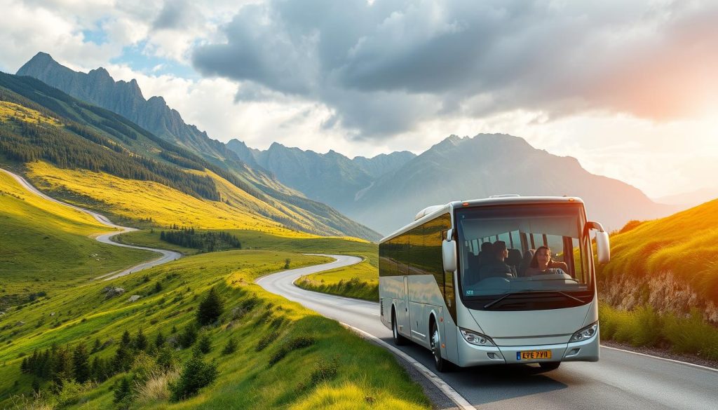 A scenic mountain road winds through a lush, verdant landscape, with towering peaks in the distance. In the foreground, a modern, well-maintained bus navigates the winding path, its passengers gazing out of the windows at the breathtaking scenery. Sunlight filters through the clouds, casting a warm, golden glow over the entire scene. The bus appears to be traveling up a gradual incline, suggesting a gradual ascent towards the trailhead or starting point for hiking routes. The composition emphasizes the accessibility and convenience of reaching this remote, mountainous destination by public transportation, setting the stage for the article's exploration of the Petros mountain in the Ukrainian Carpathians.