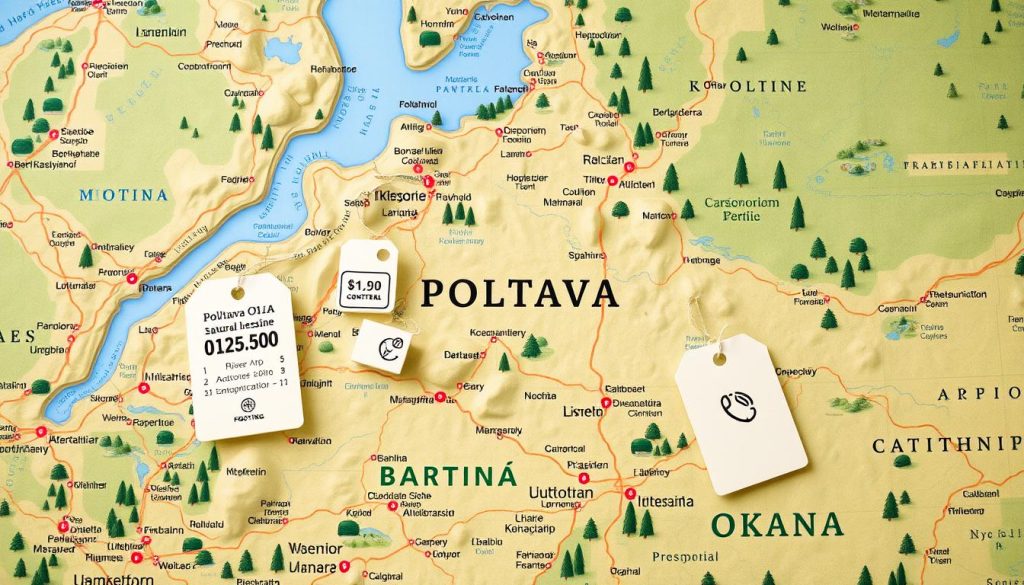 A scenic overhead view of a map of Poltava Oblast, Ukraine, with highlighted cities and towns, showcasing the region's natural beauty and tourism hotspots. The map is detailed, with clear geographical features like rivers, lakes, and forests. Overlaid on the map are transparent price tags and contact information icons, providing practical details for visitors to plan their trip. The composition is balanced, with the map taking up the majority of the frame, and the pricing and contact details seamlessly integrated. The overall mood is informative and inviting, encouraging exploration of the region's diverse offerings.
