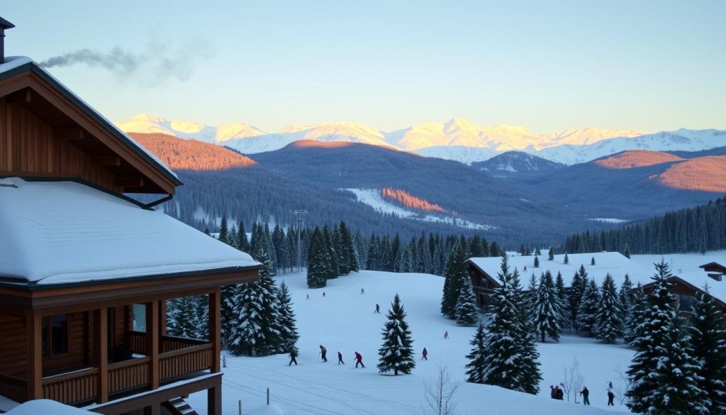 A scenic winter landscape of the Bukovel ski resort nestled in the Carpathian Mountains. In the foreground, a cozy wooden chalet with a wraparound porch and a wisp of smoke curling from the chimney. In the middle ground, snow-covered slopes dotted with pine trees, skiers gracefully carving turns. In the background, a range of majestic, snow-capped peaks glowing in the soft, warm light of the setting sun. The overall atmosphere is one of peaceful, rustic elegance, inviting visitors to immerse themselves in the natural beauty and winter sports offerings of this premier Ukrainian mountain resort.