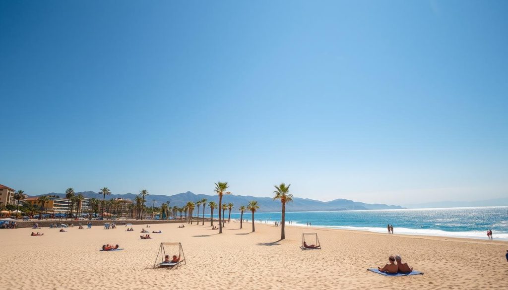 A serene coastal landscape at the peak of summer, with sun-drenched sandy beaches, azure waters, and a cloudless sky. In the foreground, beachgoers relax on loungers, soaking up the warmth. The middle ground features swaying palm trees and a bustling promenade, while the background showcases the silhouettes of distant mountains. The scene is bathed in a warm, golden light, creating a tranquil and inviting atmosphere. The overall composition conveys the perfect timing for a seaside getaway, capturing the essence of the ideal beach season.