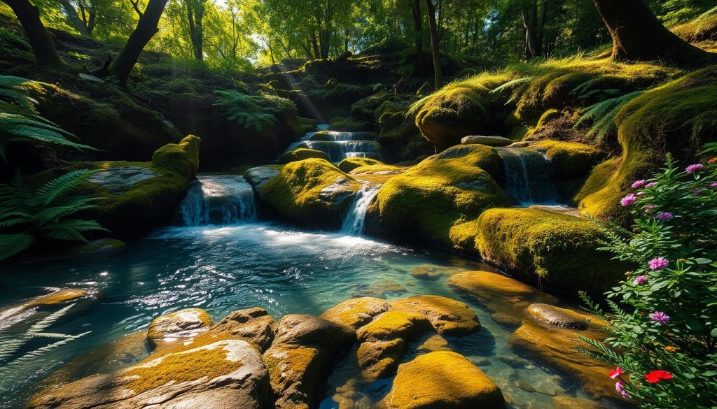 A serene natural spring nestled in a lush green forest, with crystal-clear waters flowing over mossy rocks. Sunlight filters through the canopy, casting a warm, soft glow over the scene. In the foreground, a natural stone pool invites visitors to dip their feet and experience the rejuvenating properties of the mineral-rich waters. Surrounding the spring, dense foliage of ferns, mosses, and vibrant wildflowers create a tranquil, restorative atmosphere. The composition captures the essence of a natural wellness oasis, perfectly suited to illustrate the "Ozdorovleniye i SPA" section of the article on Western Ukraine's best retreats.