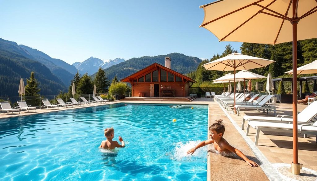 A serene outdoor pool nestled in the scenic Carpathian Mountains, surrounded by lush greenery and towering peaks. The crystal-clear waters glisten under the warm summer sun, inviting visitors to take a refreshing dip. Elegant lounge chairs and umbrellas line the pool's edge, creating a relaxing atmosphere. In the distance, a wooden sauna and spa facility can be seen, offering a luxurious respite after a day of exploration. Children splash and play in the shallow end, their laughter echoing through the mountain air. The overall scene exudes a sense of tranquility and rejuvenation, perfectly capturing the essence of a serene Carpathian retreat.