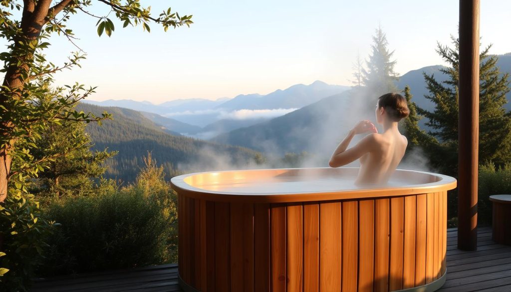 A serene outdoor scene of a traditional wooden Bukovel spa tub, surrounded by lush, verdant foliage and a picturesque mountain landscape. The water in the tub is steaming, creating a tranquil, mist-shrouded ambiance. Soft, natural lighting filters through the trees, casting a warm, golden glow over the idyllic setting. The tub is positioned on a wooden deck, allowing bathers to soak in the rejuvenating waters while taking in the breathtaking vistas of the Carpathian mountains in the distance. The overall atmosphere is one of relaxation, rejuvenation, and a deep connection with the natural world.